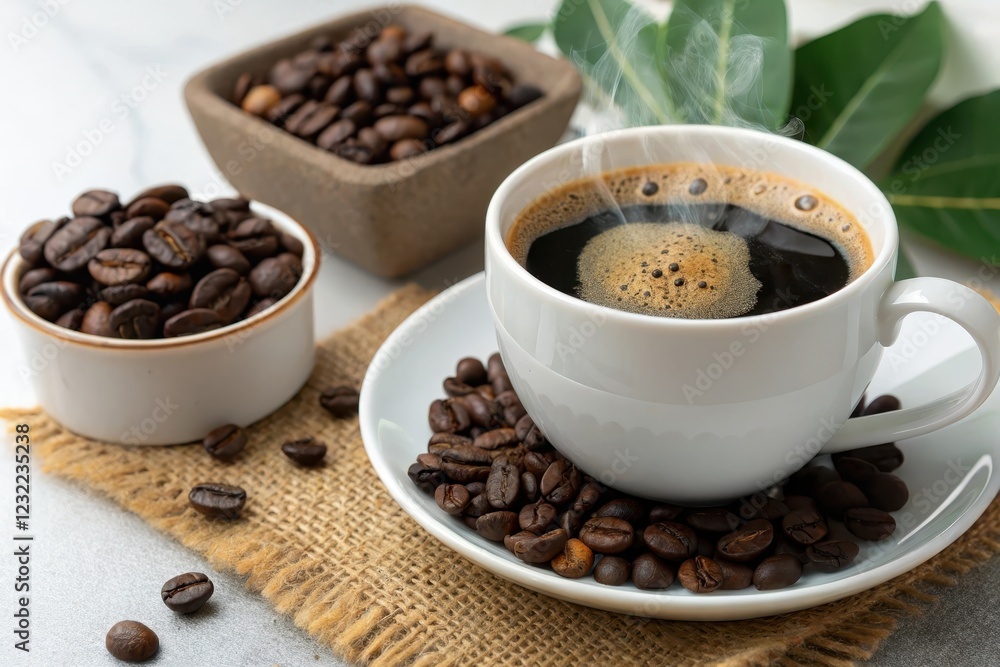 Fototapeta premium Aromatic coffee in a white cup, surrounded by roasted beans and burlap