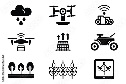 Create a clean line art icon set depicting AI applications in agriculture  smart irrigation, drone monitoring, precision farming, data analysis, robotic harvesting.