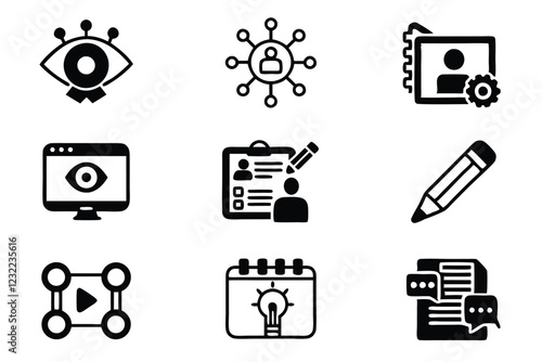 Editable line icons depicting AI's role in content creation;  includes writing, design, video, SEO, and data analysis symbols.