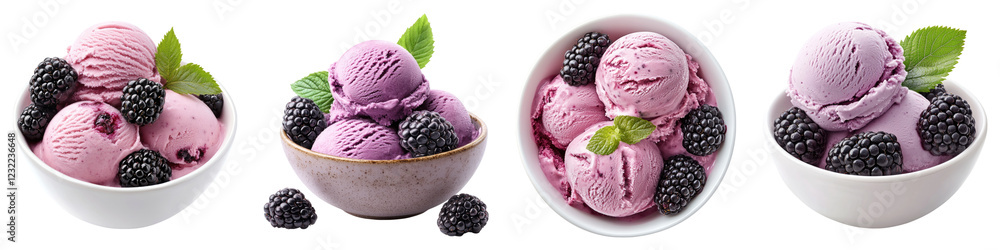 Fruit ice cream with fresh blackberries isolated on transparent background, PNG, Set of Fruit ice cream with fresh blackberries isolated on transparent background, PNG, Set of