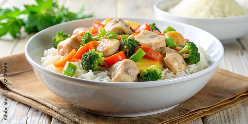 Chicken fricassee with basmati rice and steamed vegetables in a white bowl , meal, ingredients, meal, ingredients Chicken fricassee with basmati rice and steamed vegetables in a white bowl , meal, ingredients, meal, ingredients
