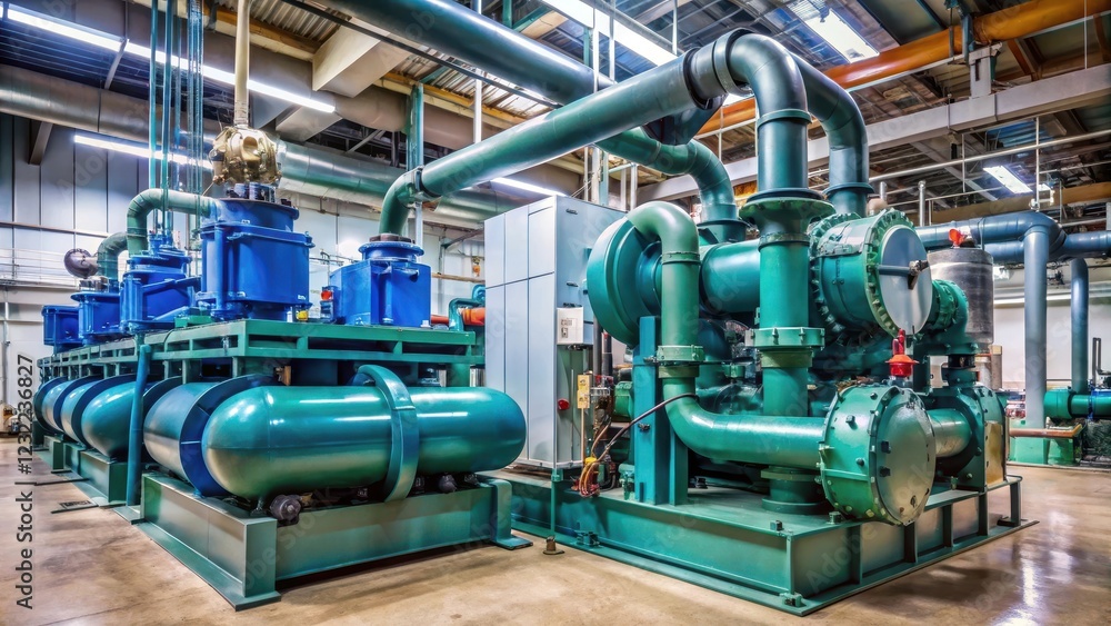 A centrifugal chiller system in operation with pumps and condenser units surrounded by pipes and valves, cooling system, centrifugal chiller