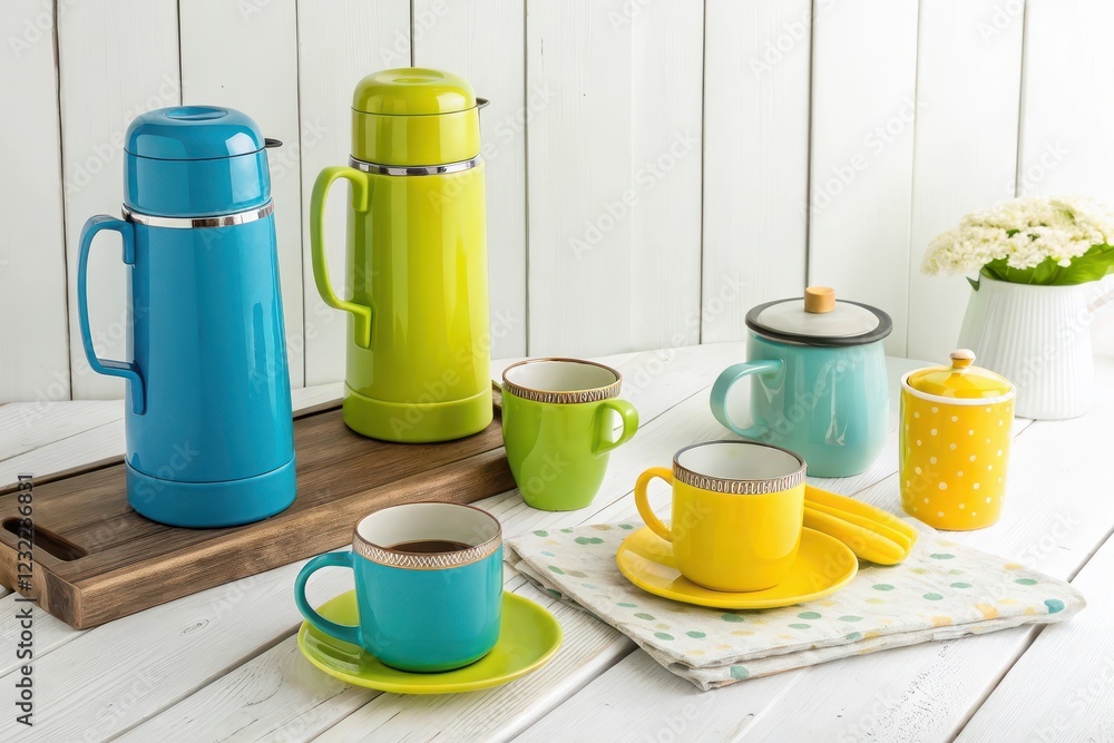 A cheerful display of vibrant teal and lime kitchenware, including thermal carafes and coffee cups, arranged on a wooden tray against a white backdrop.