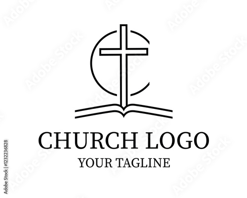 Christian church  logo, bible with letter C and cross, vector icon design template