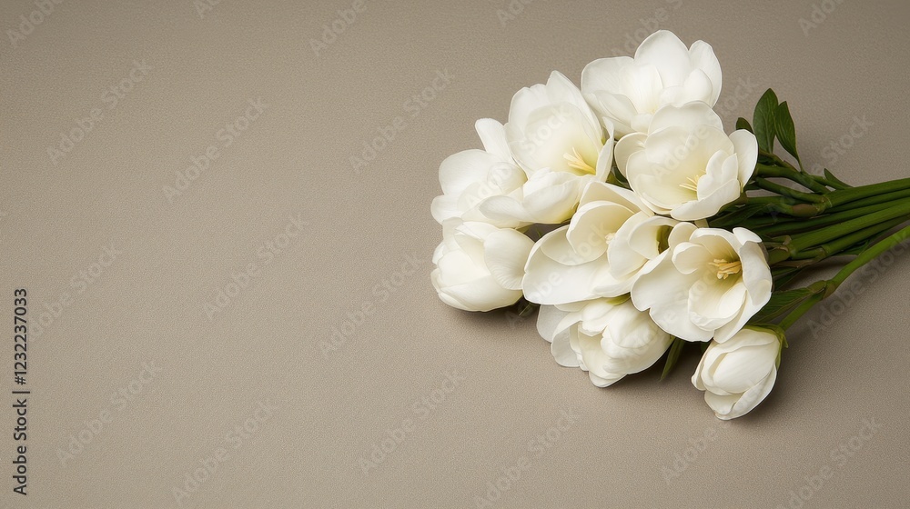 Fototapeta premium Three graceful white flowers stand tall with lush green leaves, their delicate petals glowing softly against a dark backdrop, highlighting their natural beauty in a serene setting