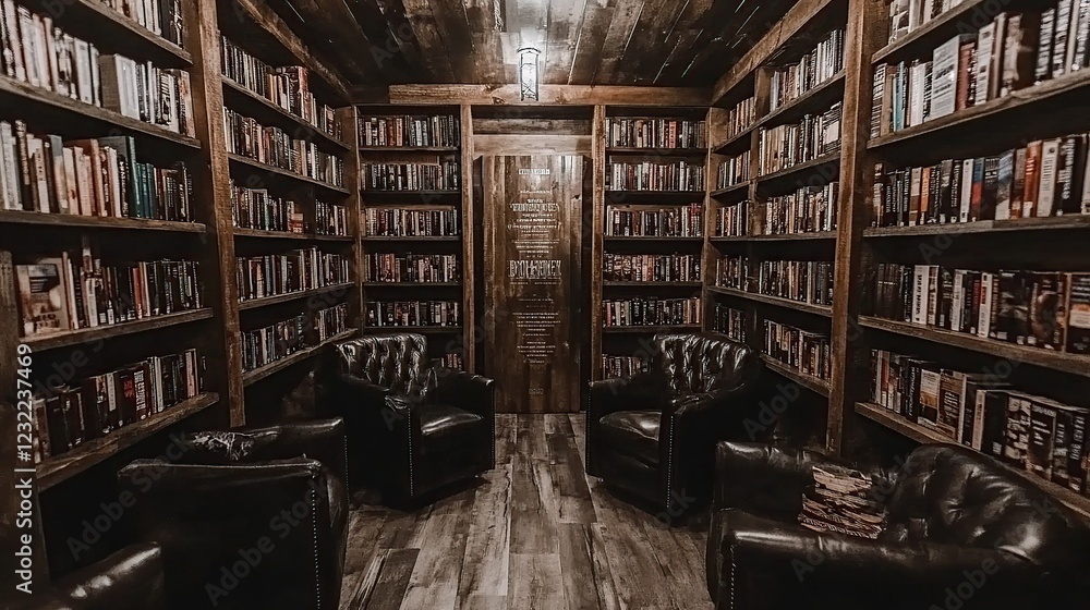 Obraz premium Rustic library reading room with leather chairs, wooden walls, and bookshelves
