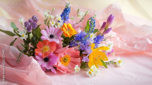 A beautiful arrangement of colorful spring flowers delicately placed on a soft baby pink paper background, showcasing vibrant colors and natural textures.