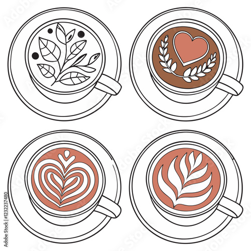 Hot coffee menu. Front view. Latte, cappuccino, americano, espresso, mocha, cocoa. Vector illustration.