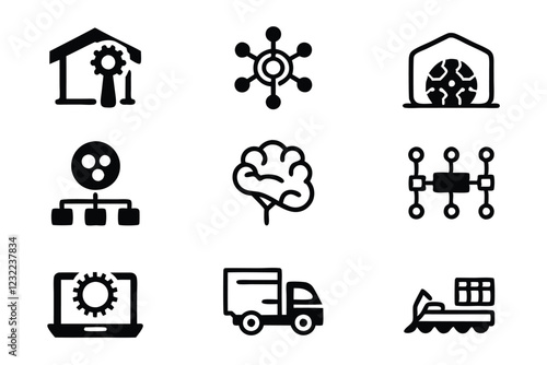 Create a clean, editable icon depicting AI's role in supply chain management, showcasing automation, data analysis, or predictive maintenance.  Include a single, easily scalable icon.