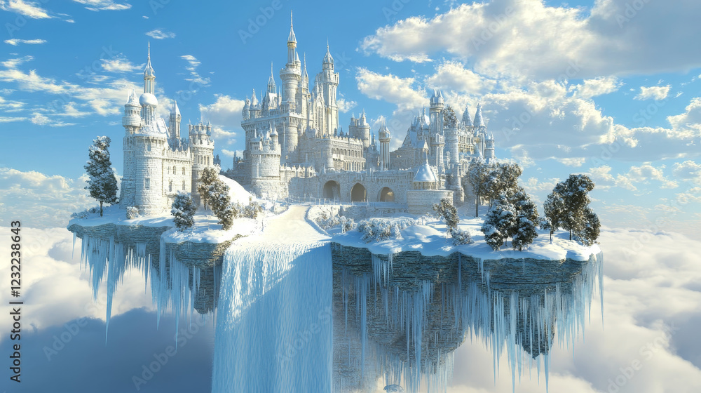 Fantasy winter landscape with castle, snow and frozen waterfall on floating islands. Royal palace, ice and white snow on ground pieces flying in sky with clouds, vector cartoon illustration Fantasy winter landscape with castle, snow and frozen waterfall on floating islands. Royal palace, ice and white snow on ground pieces flying in sky with clouds, vector cartoon illustration