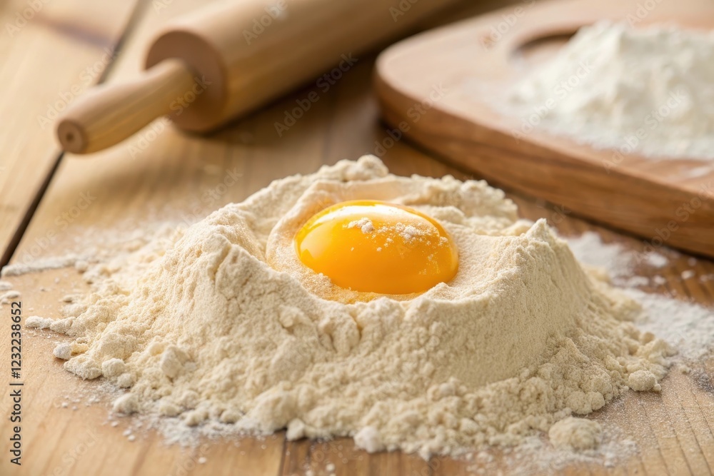 A single egg yolk nestled in a mound of flour, ready for baking A single egg yolk nestled in a mound of flour, ready for baking