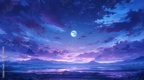 Wallpaper Mural Serene Night Sky with a Blue and Purple Gradient, Stars Sparkling Above a Tranquil Landscape Under a Bright Moonlit Atmosphere Torontodigital.ca