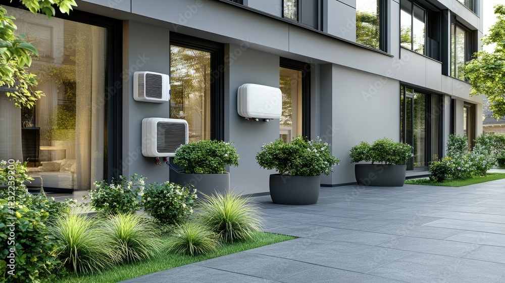 Gas water heating systems are mounted on the wall of an apartment building, showcasing tanks, electric components, and flow meters Gas water heating systems are mounted on the wall of an apartment building, showcasing tanks, electric components, and flow meters