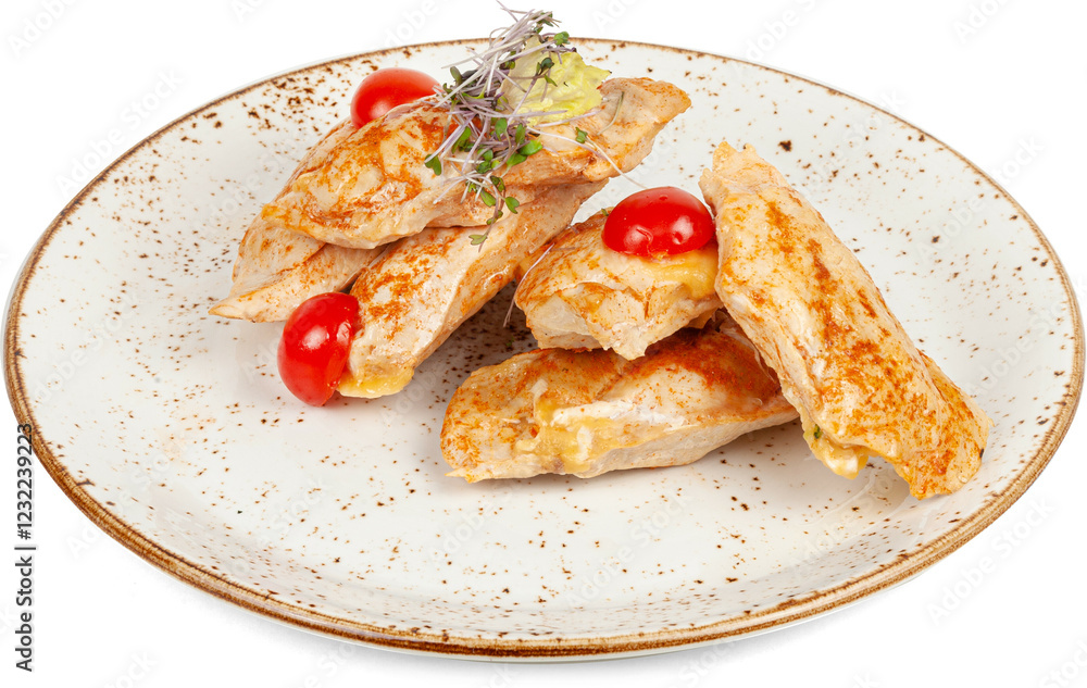 Fried chicken fillet in paprika on a plate on a white background Fried chicken fillet in paprika on a plate on a white background