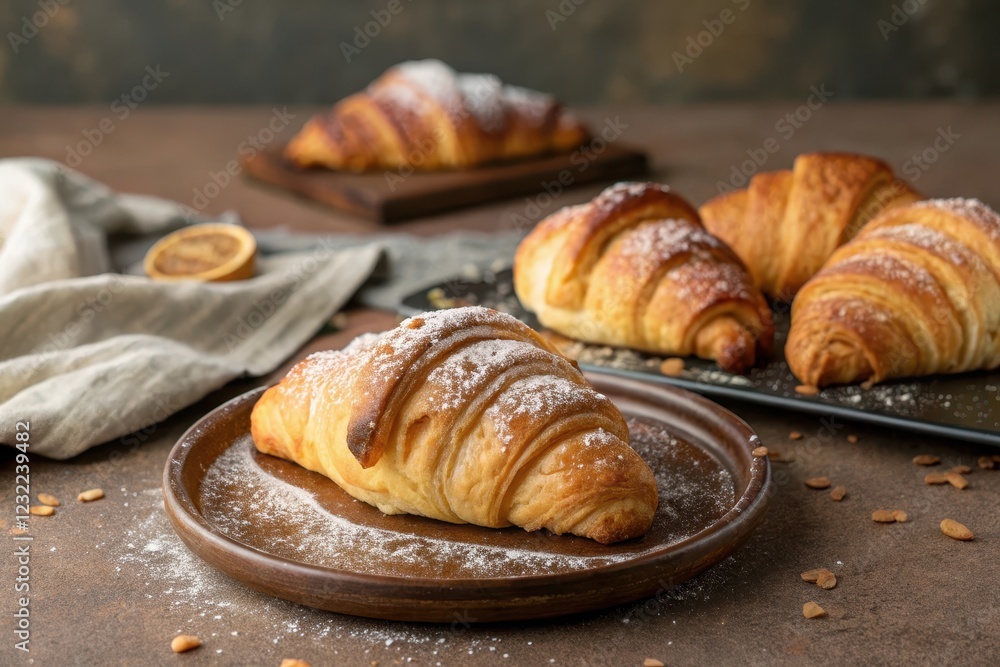 A delectable freshly baked croissant dusted with powdered sugar, served on a rustic wooden plate A delectable freshly baked croissant dusted with powdered sugar, served on a rustic wooden plate