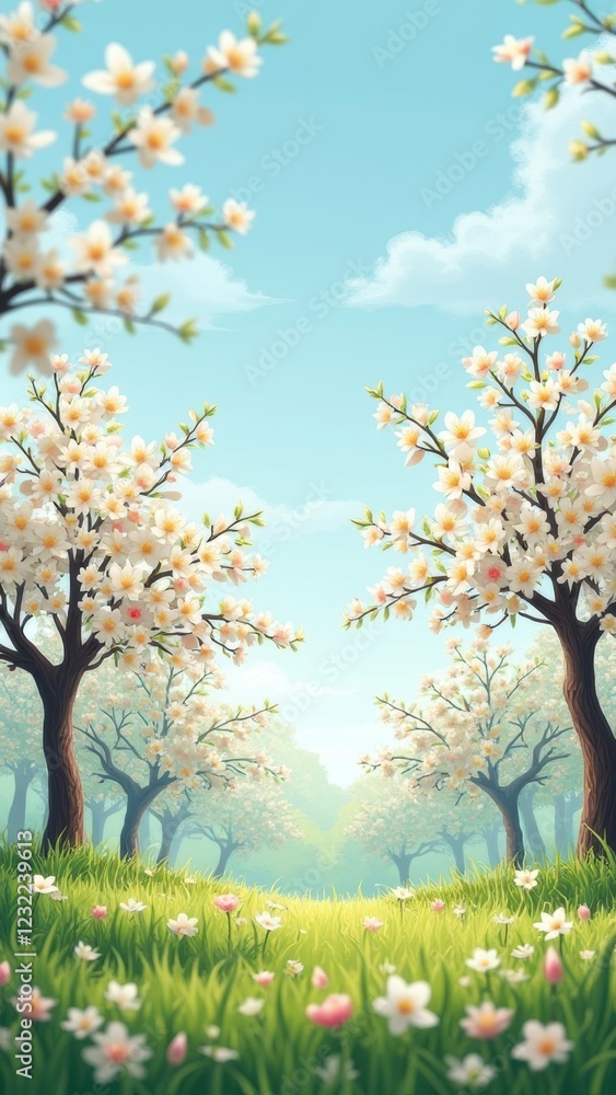 Fototapeta premium Serene cherry blossom pathway in full bloom on a sunny day