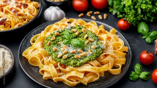 Italian pastas fettuccine classic concept. A vibrant plate of fettuccine topped with pesto, pine nuts, and fresh herbs, surrounded by colorful ingredients like tomatoes and garlic.
