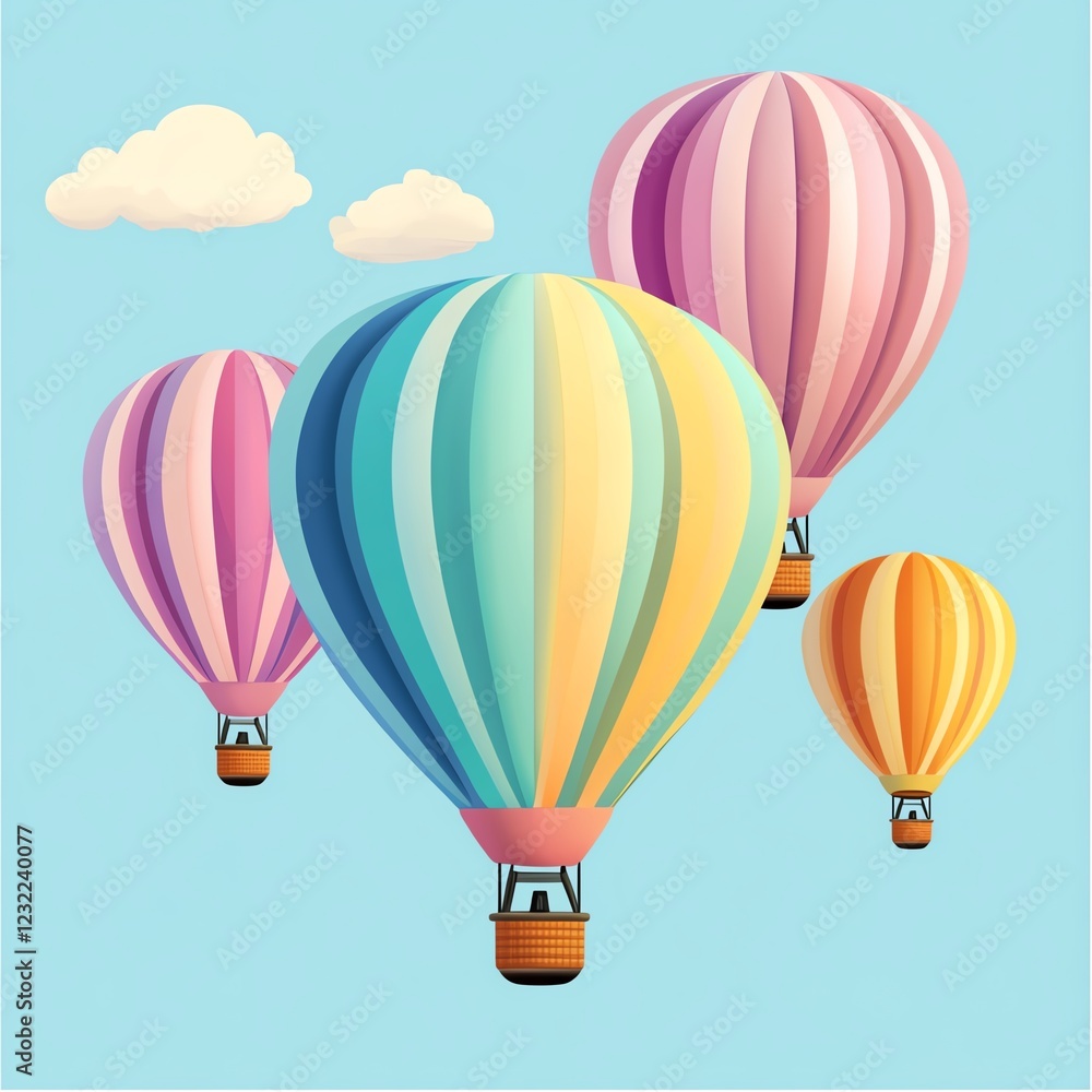 Obraz premium Colorful hot air balloons float against a light blue sky with fluffy clouds. Perfect for travel, adventure, and childhood themes.