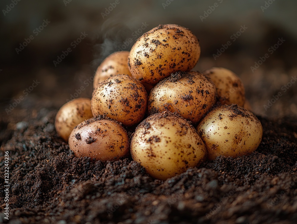 Close-up shot of freshly harvested potatoes resting on a bed of dark soil Close-up shot of freshly harvested potatoes resting on a bed of dark soil