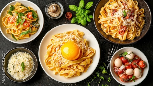 Wallpaper Mural Italian pastas fettuccine classic concept. A vibrant array of pasta dishes garnished with fresh herbs, cheese, and egg on a dark surface, showcasing delicious Italian cuisine. Torontodigital.ca