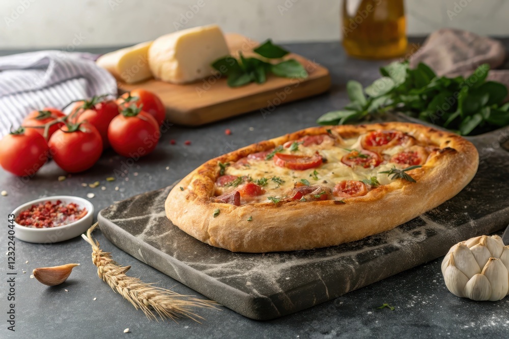 Artisan Pizza with Burst Tomatoes and Melted Cheese on Dark Stone Board Artisan Pizza with Burst Tomatoes and Melted Cheese on Dark Stone Board
