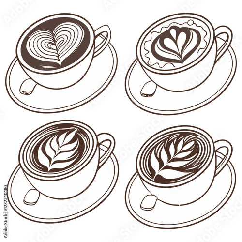 Hot coffee menu. Front view. Latte, cappuccino, americano, espresso, mocha, cocoa. Vector illustration.