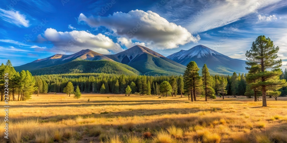 Obraz premium Panoramic view of serene Lockett Meadow surrounded by majestic San Francisco Peaks in Flagstaff, Arizona's natural beauty on full display, lockett meadow, arizona