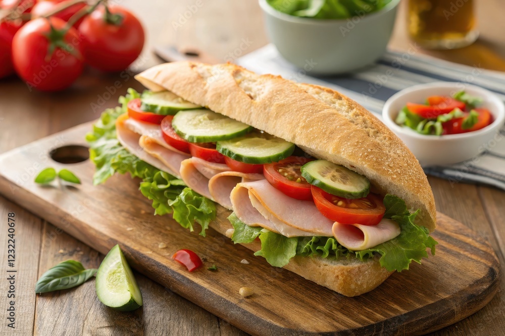A delicious and healthy turkey and vegetable sandwich on a crusty roll, perfect for a light lunch or a satisfying snack A delicious and healthy turkey and vegetable sandwich on a crusty roll, perfect for a light lunch or a satisfying snack