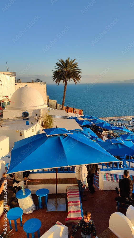 Fototapeta premium The stunning blue and white architecture in the Mediterranean coastal town of Sidi Bou Said, Tunisia