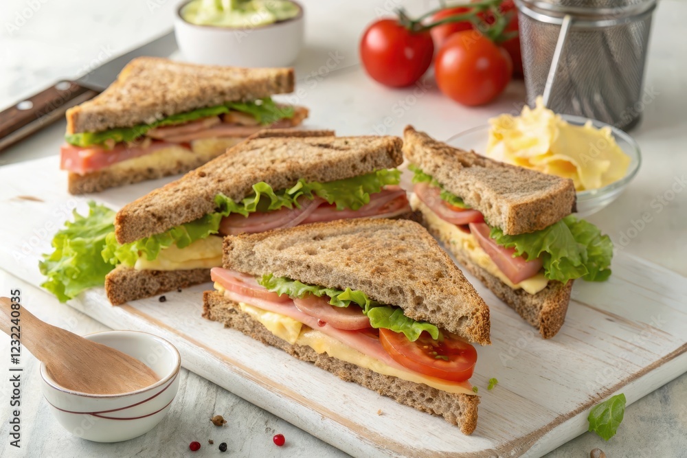 Delicious Ham and Cheese Sandwiches on Whole Wheat Bread Delicious Ham and Cheese Sandwiches on Whole Wheat Bread