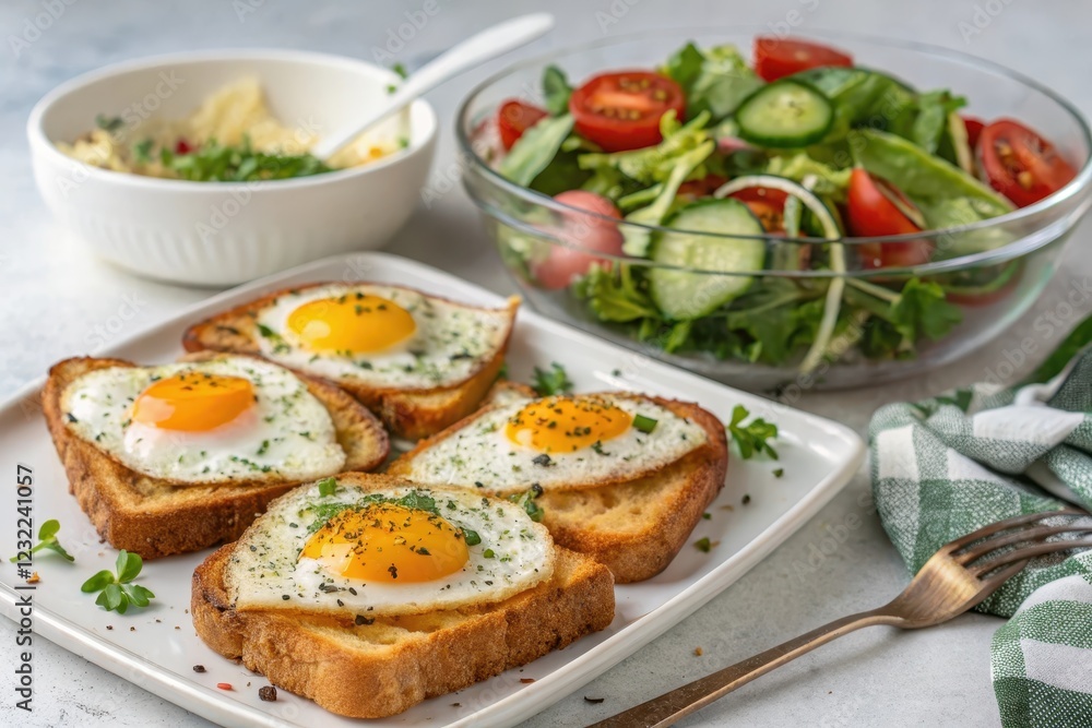 A delightful breakfast of sunny-side-up eggs on toasted bread, served alongside a refreshing green salad A delightful breakfast of sunny-side-up eggs on toasted bread, served alongside a refreshing green salad