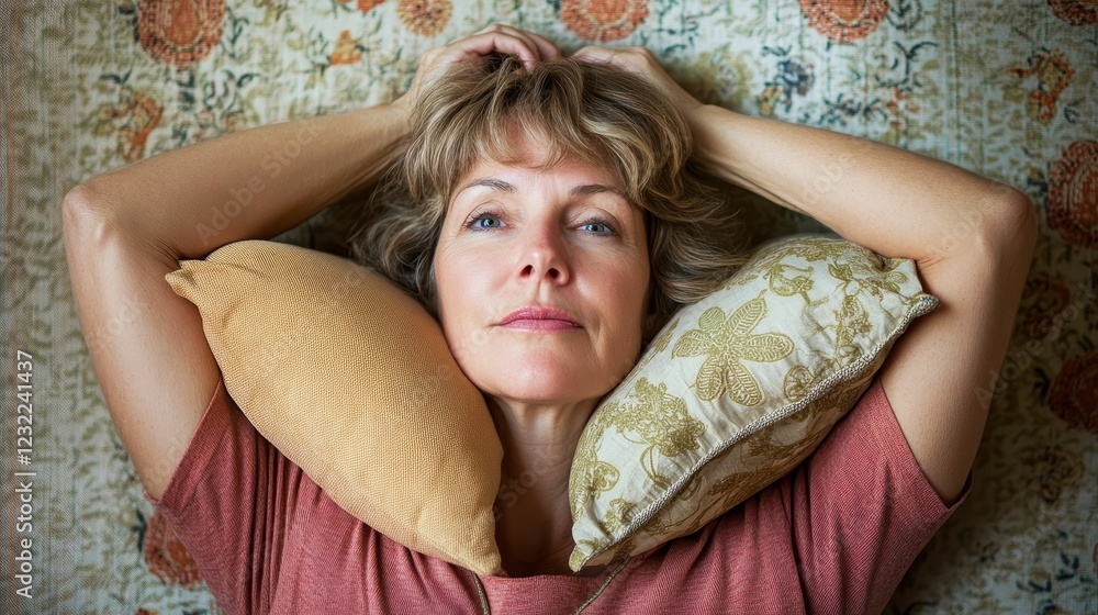 Mature woman relaxes with hands behind her head. Mature woman relaxes with hands behind her head.