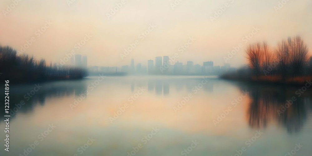 Obraz premium Sunrise city skyline reflection, Urban landscape at dawn, Misty morning cityscape, Tranquil urban sunrise view
