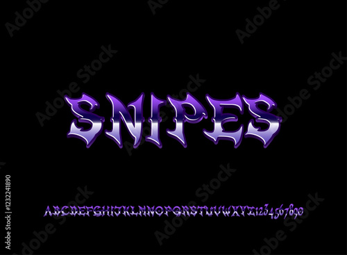 A glossy violet chrome text effect in a bold 3D metal font with a sleek, reflective finish. Perfect for logos, branding, and gaming designs