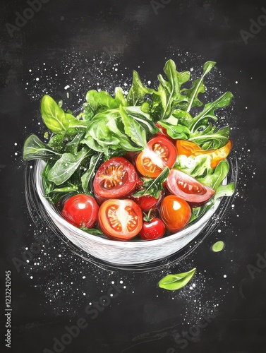 Hand drawn salad isolated on chalkboard background. Sketches healthy food bowl with tomatoes, ollives, greens illustration photo