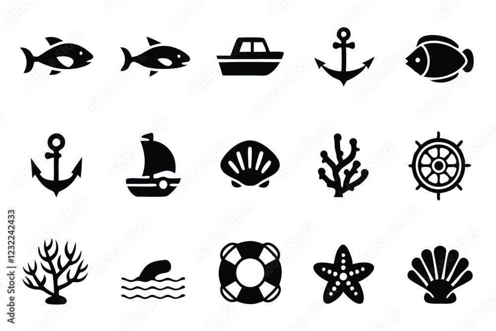 Create a set of editable line icons depicting diverse aquatic and marine life, including fish, corals, seaweed, and ocean-related objects. Ensure a clean, modern style. Create a set of editable line icons depicting diverse aquatic and marine life, including fish, corals, seaweed, and ocean-related objects. Ensure a clean, modern style.