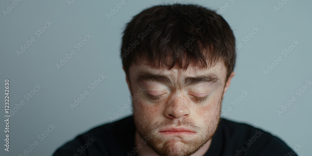 Fototapeta premium Portrait of a Young Man with Freckles and Closed Eyes
