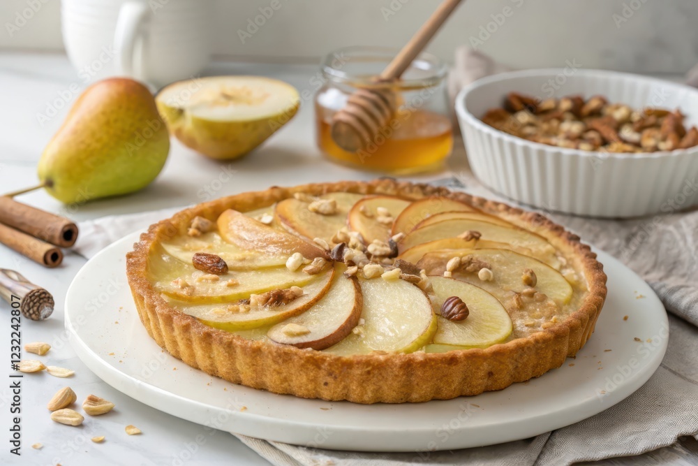 A Delicious Pear Tart with Honey and Nuts, Baked to Golden Perfection