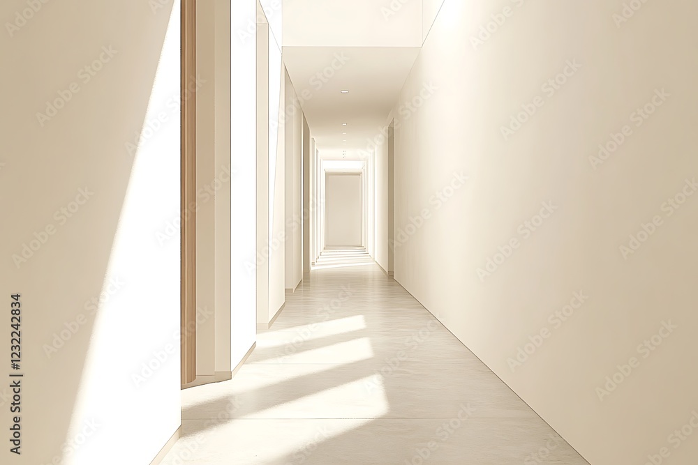 An illustration of a sleek office corridor design. An illustration of a sleek office corridor design.
