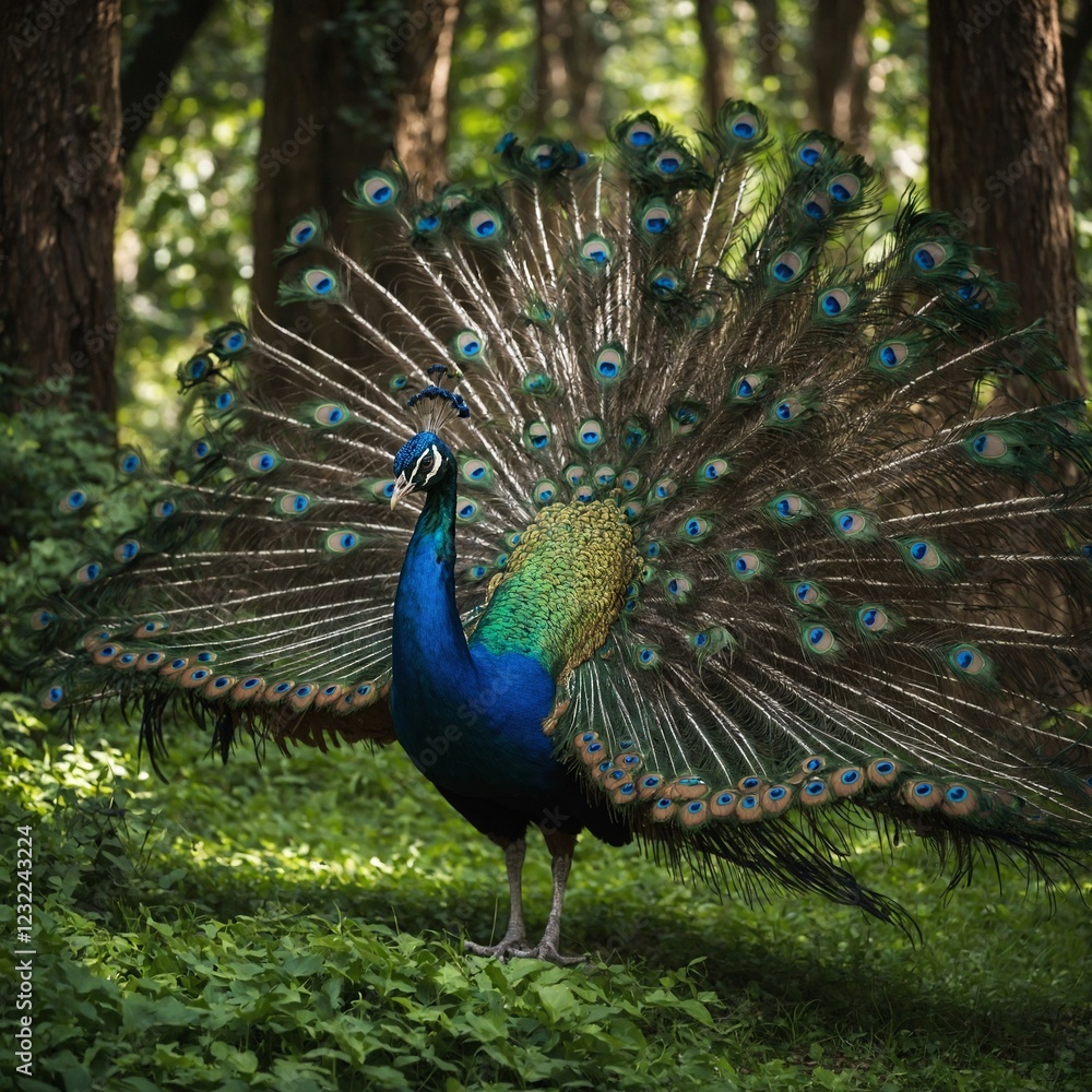 Obraz premium A peacock spreading its colorful feathers in a lush, green forest.