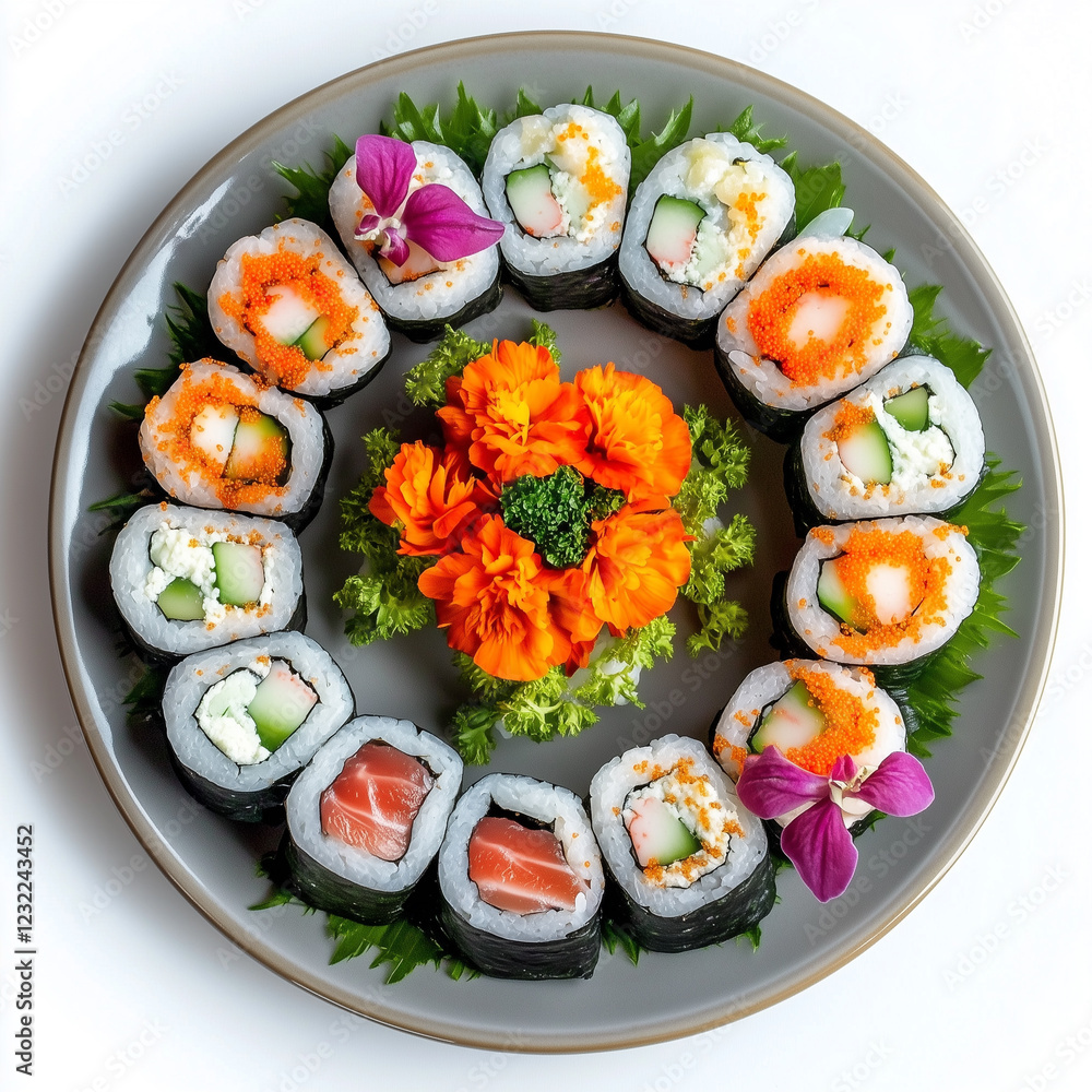 Plate of Dragon Roll, Sushi Plate Style, top view, isolated on white, food photo Plate of Dragon Roll, Sushi Plate Style, top view, isolated on white, food photo