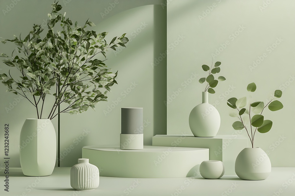 A three-dimensional representation of a modern Scandinavian interior concept with a focus on green hues. A three-dimensional representation of a modern Scandinavian interior concept with a focus on green hues.
