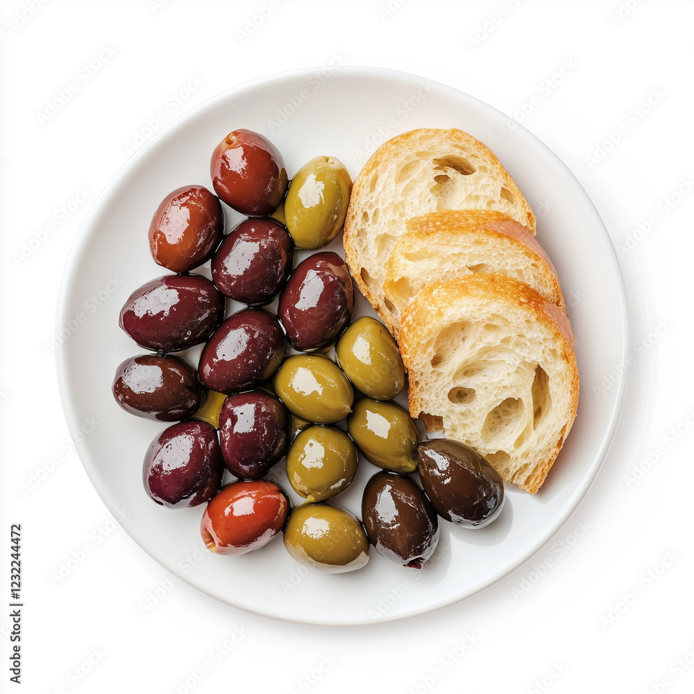 Plate of Olives, Bread And Butter Plate Style, top view, isolated on white, food photo Plate of Olives, Bread And Butter Plate Style, top view, isolated on white, food photo
