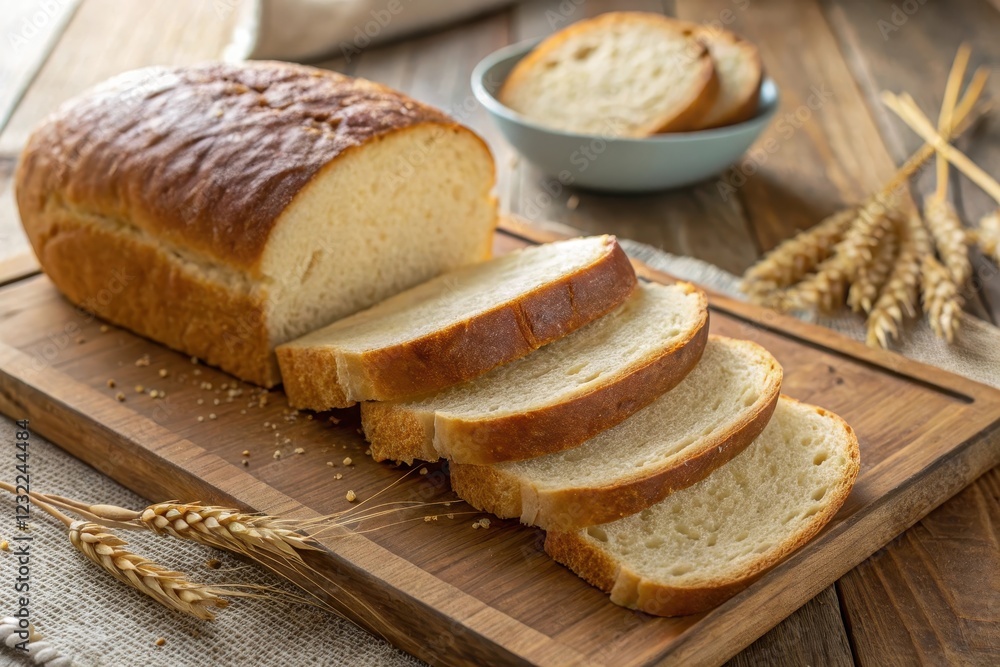 A freshly baked loaf of bread, sliced and ready to be enjoyed, rests on a rustic wooden board, accompanied by wheat stalks A freshly baked loaf of bread, sliced and ready to be enjoyed, rests on a rustic wooden board, accompanied by wheat stalks