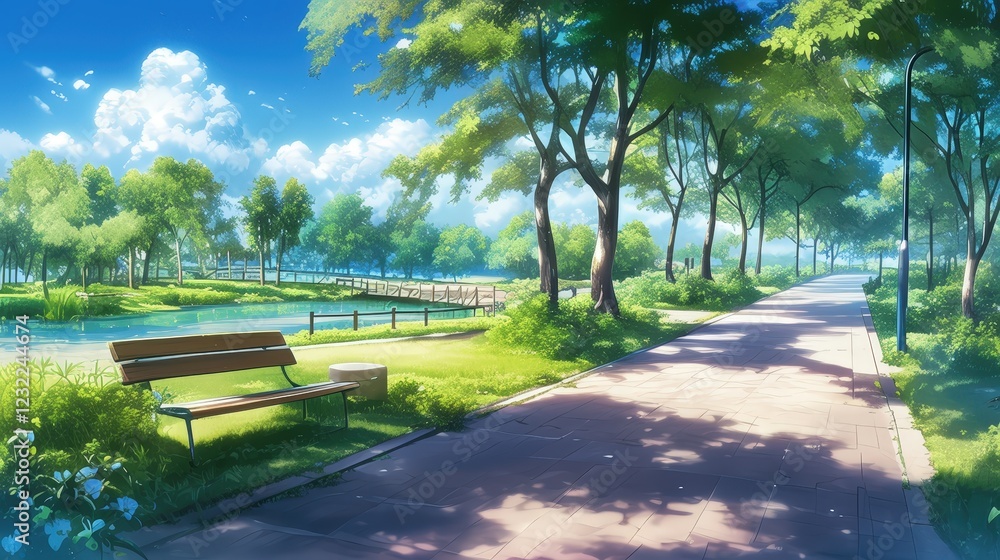 Fototapeta premium Serene Park Landscape with Lush Greenery, Clear Blue Sky, and Inviting Pathway Along the Calm Water Surface