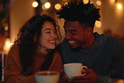 Romantic Evening: Couple Sharing Laughter and Warm Drinks