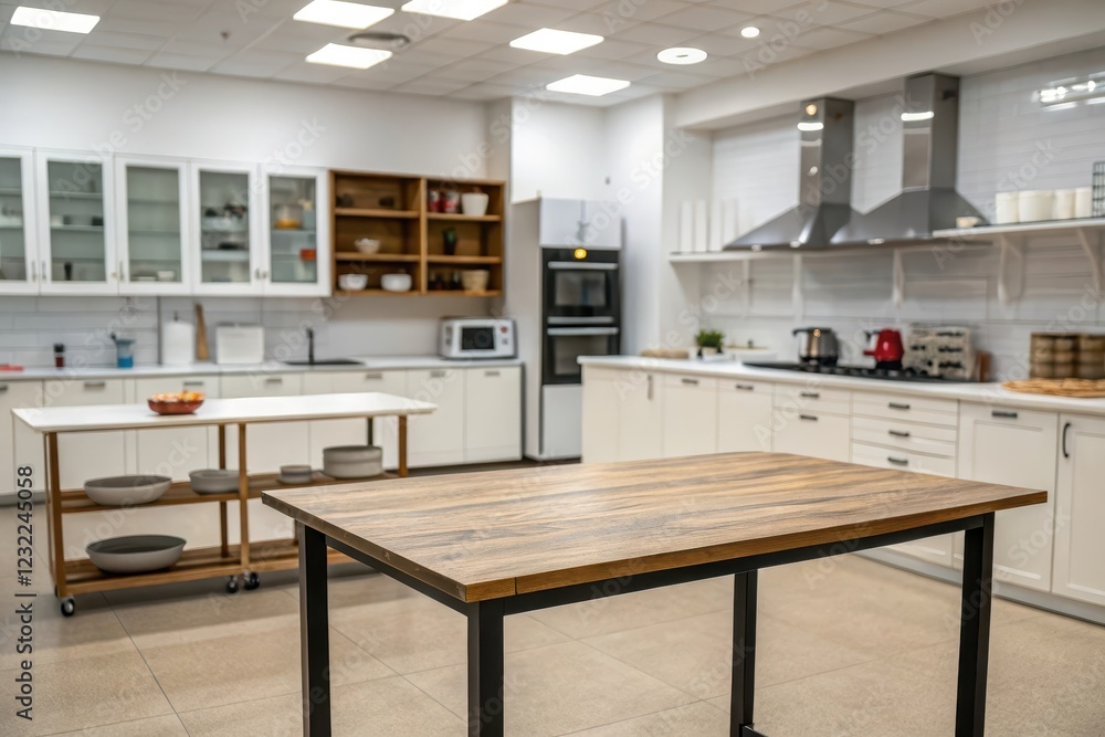 Obraz premium Empty wooden kitchen table in a modern, bright kitchen with white cabinets and stainless steel appliances