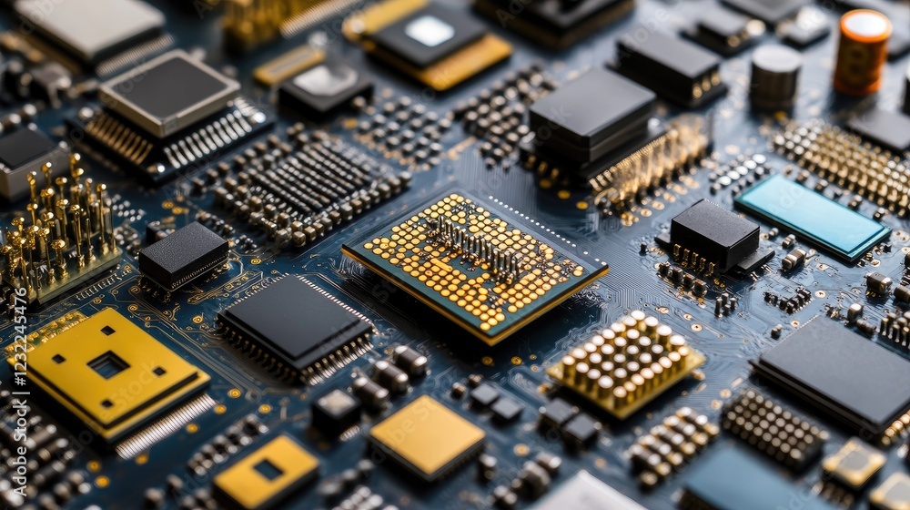 A collection of different semiconductors on a high-tech industrial backdrop. A collection of different semiconductors on a high-tech industrial backdrop.