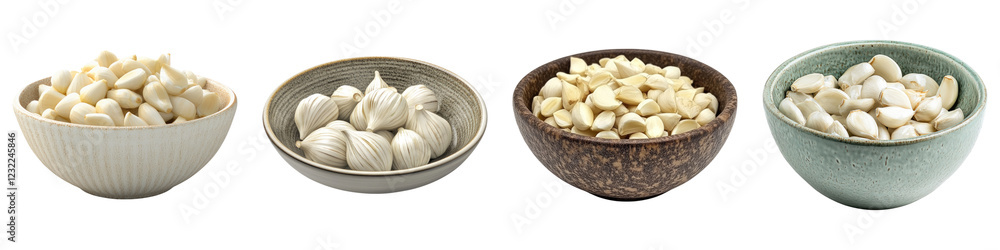 Garlic in a bowl isolated on transparent background, PNG, Set of Garlic in a bowl isolated on transparent background, PNG, Set of