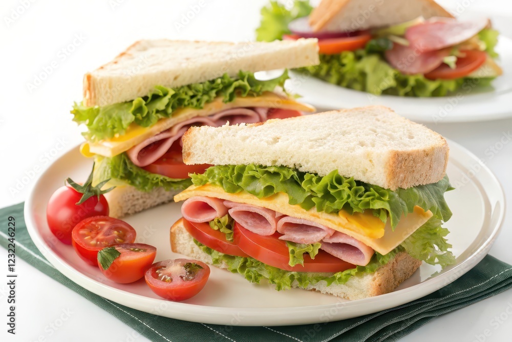 A delicious and appetizing ham and cheese sandwich with fresh lettuce and tomato on a plate A delicious and appetizing ham and cheese sandwich with fresh lettuce and tomato on a plate